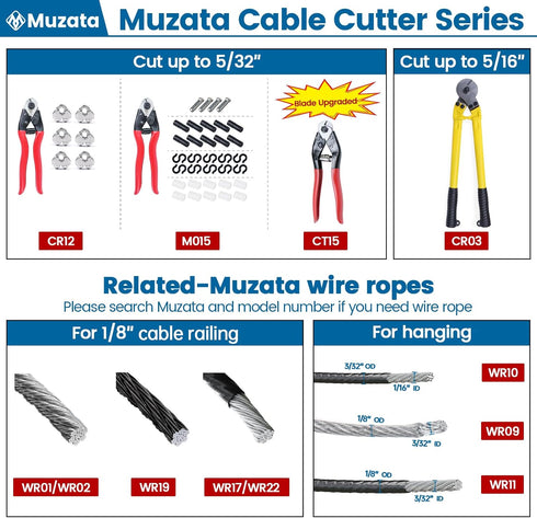 Upgraded Version Muzata Wire Cutters Heavy Duty Cable Cutters Steel Wire Rope Up to 5/32" Stainless Steel Deck Stair Railing Aircraft Strong Thick...