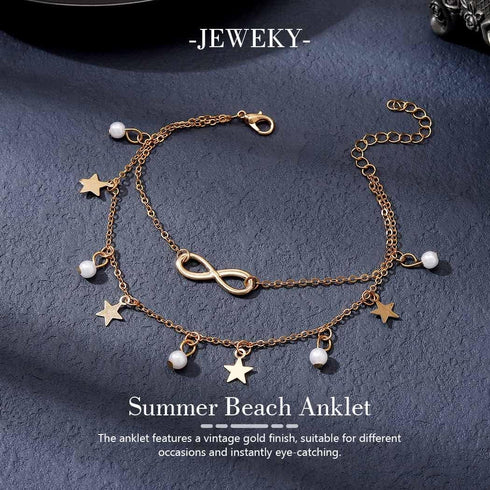 Boho Layered Ankle Bracelet Gold Anklets Star Pendant Foot Chain Pearl Summer Beach Ankle Chain Adjustable Foot Jewelry Accessories for Women...