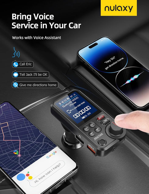 Nulaxy FM Bluetooth Transmitter for Car, Strong Microphone Bluetooth Car Adapter with 1.8" Color Screen for Hands-Free Calls, Supports QC3.0 Charg...