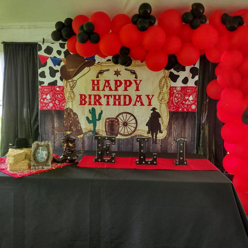 Mocsicka Western Cowboy Happy Birthday Backdrop Rustic Old West Rodeo Cowboy Background Red Bandana and Rustic Wood Kids Birthday Party Decoration...
