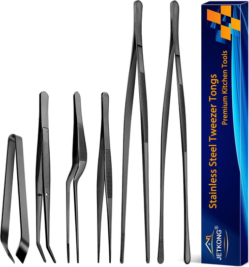 JETKONG 6 Pcs Cooking Tweezer Tongs, 12'' and 6.3" Stainless Steel Kitchen Tweezer Set, Professional Chef Tweezers for Cooking, Repairing, Sea Foo...
