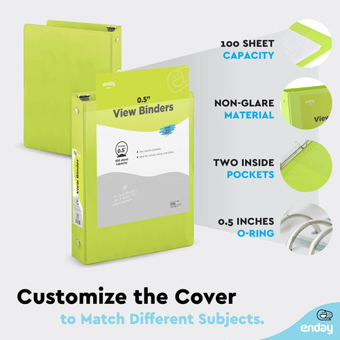 ½ Inch 3 Ring Binder .5 inch Green Clear View Cover with 2 Inside Pockets, Colored School Supplies Office and Home Binders – by Enday...
