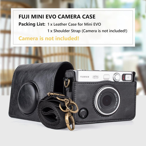 Mini EVO Camera Case, Vintage Leather Case Compatible with Fujifilm Instax Mini EVO, Fuji Instax Mini EVO Cover with Adjustable Strap - Black...