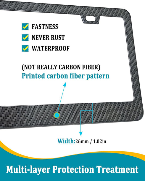 Aootf Carbon Fiber License Plate Frames - 2 Pack Black Aluminum Printed Carbon Patterns 2 Holes Front & Rear Car Tag Holder with Screws, Caps...