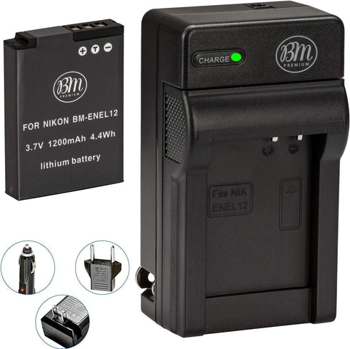 BM Premium EN-EL12 Battery and Charger for Nikon Coolpix A1000 B600 W300 A900 AW100 AW110 AW120 AW130 S6300 S8100 S8200 S9050 S9200 S9300 S9400 S9...