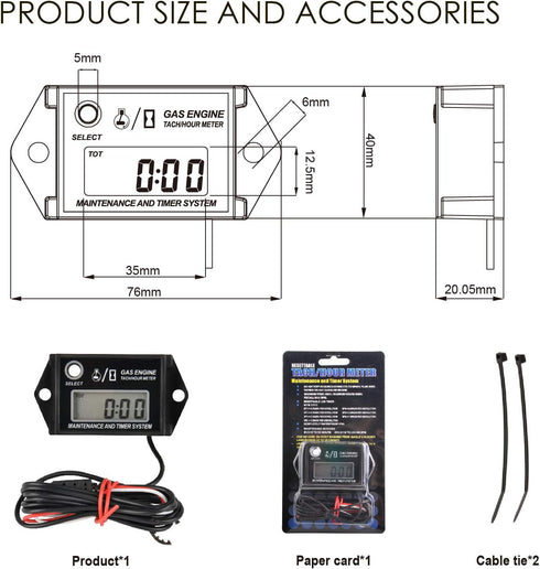 Jayron JR-HM026A Digital Hour Meter Tachometer,Maintenance Reminder,Maximum RPM Recall,or Pneumatic Equipment and ZTR Lawn Mower Tractor Generator...