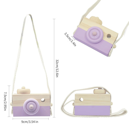 Baby Toy Wooden Mini Camera Toy, Kid Cute Mini Sharpe Toy Neck Hanging Photographed Props for Toddlers Children Kids' Room Hanging Decor Gift (Pur...