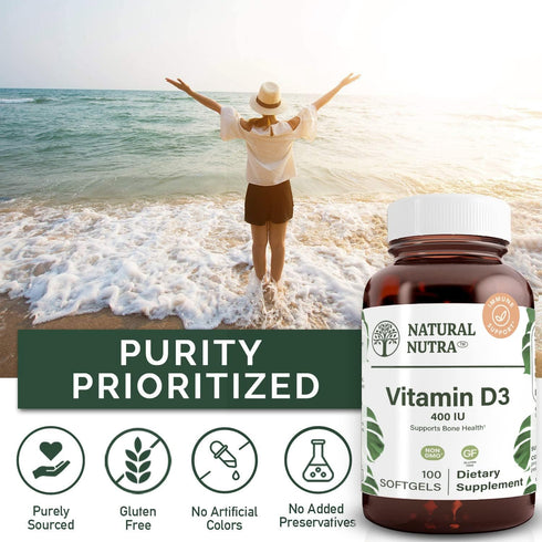Natural Nutra Supreme Vitamin D3 400 IU Softgels, Immune Support, Sunshine Vitamin, Bone and Teeth Strength, Gluten-Free, 100 Softgels...