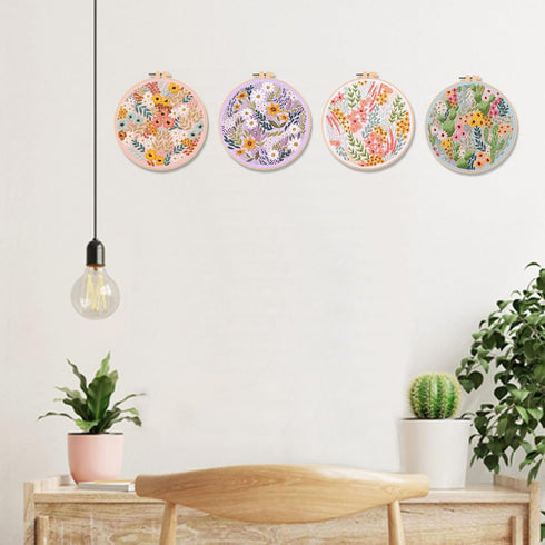 Silentsea Flower Embroidery Kit, Including 4 Sets of Patterned Embroidery Cloth, 2 Rings, Needles,Embroidery Thread, Instructions and Other Tools,...