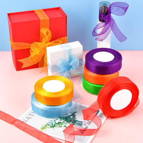 6 Rolls Organza Ribbon Sheer Chiffon Ribbon Transparent Chiffon Ribbons for Christmas Valentine's Day Gift Wedding Birthday Bouquet Garland Bow Ma...