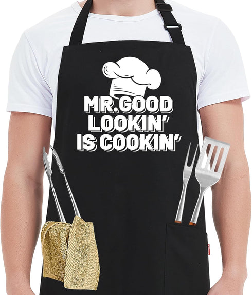 Funny Chef Aprons for Men - Mr.Good Lookin' is Cookin' - Men’s Funny Kitchen Cooking Grilling BBQ Aprons with 2 Pockets - Birthday Father’s Day Ch...