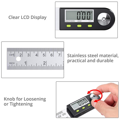 Neoteck Digital Angle Finder Ruler 8 inch/200mm Stainless Steel Digital Protractor with Data Hold Function and Zeroing Resetting LCD Display Elect...
