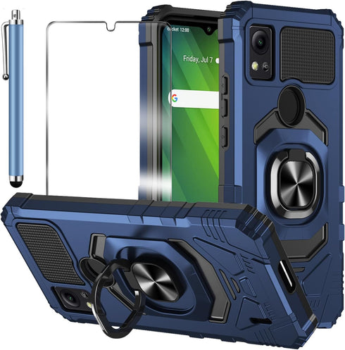 for Cricket Icon 5 Case, with Tempered Glass Screen Protector Heavy Duty Protection Technology Built-in Kickstand Rugged Shockproof Protective Pho...