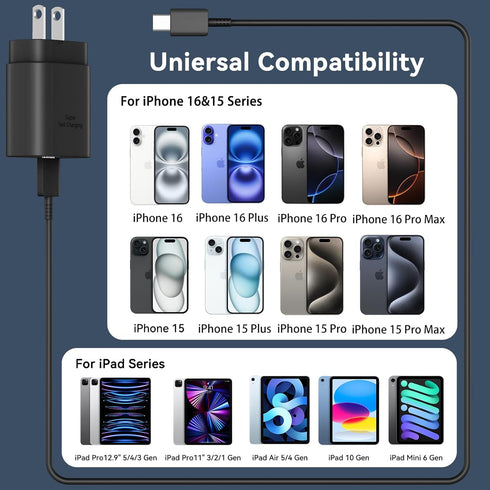 USB C Phone 16 15 Pro Max Charger Fast Charging Block, 30W USB C Charger with 10FT USB-C Fast Charging Long Cable Cord for Phone 16 Pro Max/16 Pro...