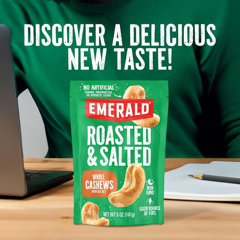 Emerald Nuts Roasted and Salted Whole Cashews (1-Pack), 5oz Resealable Bag, Kosher Certified, Non-GMO, Contains No Artificial Preservatives, Flavo...