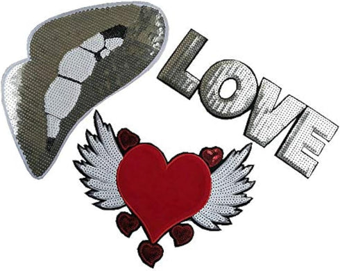 3 Pcs Silver Series Sequin Letter Embroidery Patch/Red Love Wing Patch/Silver BigMouth Patch Patch Garment DIY Decoration Accessories(Silvery)...