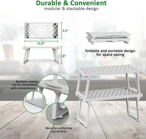 ums Kitchen Cabinet Shelf Organizers - White Plastic Stackable Freezer Rack, Usable Storage Rack for Your Spice, Refrigerator, Pantry (12 X 5.5 in...