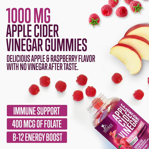 Vegan Apple Cider Vinegar Gummies 1000mg for Detox & Cleanse, ACV Gummy Vitamins B12 Supplement for Digestion Metabolism & Gut Health Support, Nat...