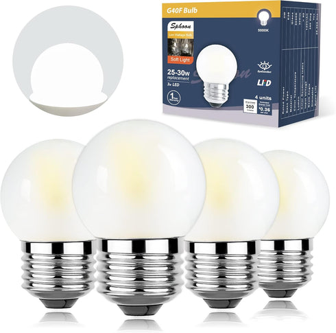 Dimmable 3W LED Bulb Equivalent 25 Watt Light Bulbs, Daylight 5000K, E26 Medium Base, Frosted, 300 Lumens, CRI 90+, G40 3 Watt Edison Bulbs for Ni...