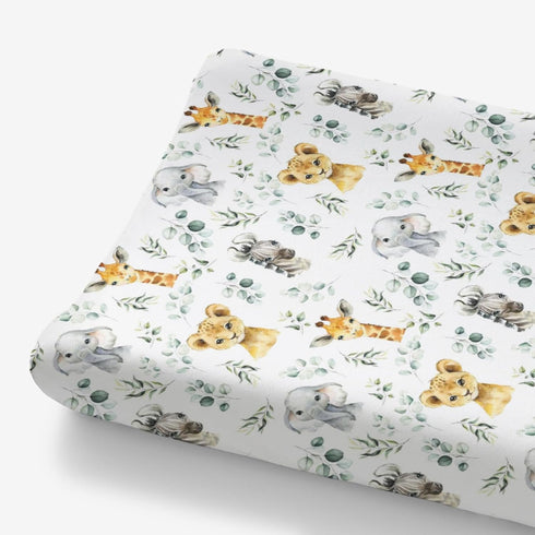 African Safari Jungle Animals Eucalyptus Leaf Changing Pad Cover Baby Girls Boys, Giraffe Elephant Lion Zebra Diaper Change Table Sheet, Stretchy ...