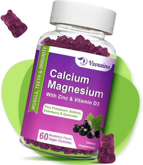 High Absorption Calcium Magnesium Zinc Gummies, Sugar Free Calcium Magnesium Supplement with Potassium Vitamin D3 for Bone & Teeth Strength, Muscl...