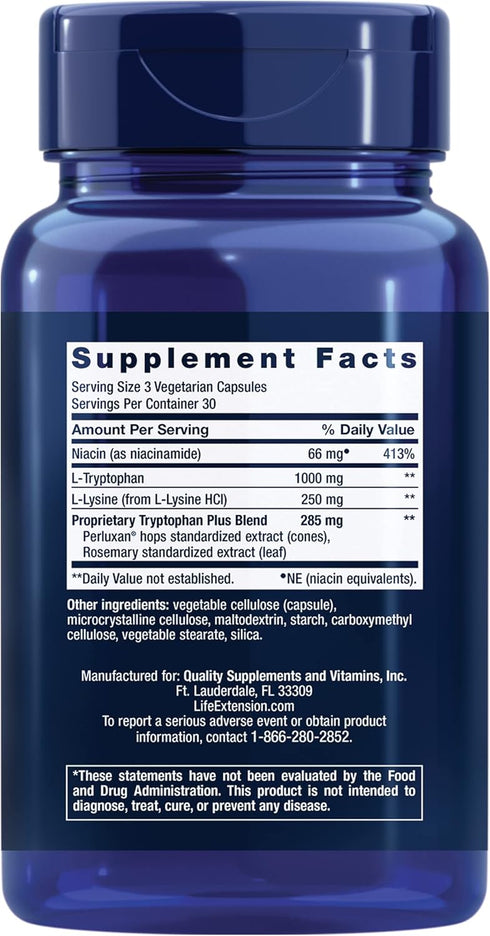 Life Extension Optimized Tryptophan Plus 1000mg - L-Tryptophan Supplement with Niacin and L-Lysine for Healthy Sleep & Stress Response – Gluten-Fr...