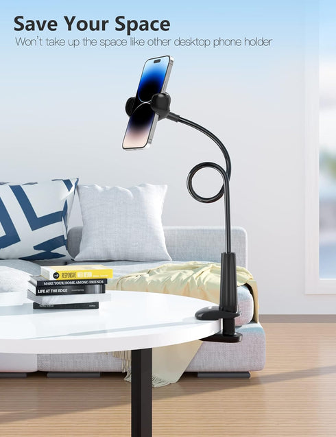 Tryone Gooseneck Phone Holder Stand for Bed Flexible Arm Adjustable Cell Phones Mount Clamp on Desk Bedframe Compatible with iPhone 14 Pro Max 13 ...