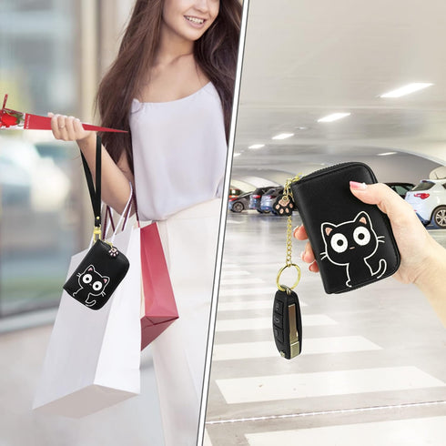 CONISY Cute Credit Card Holder for Women, Small Leather Zipper RFID Card Case Wallet with Removable Keychain...