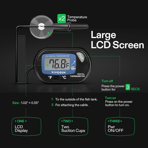 VIVOSUN 1-Pack LCD Digital Aquarium Thermometer Fish Tank Water Terrarium Temperature with Suction Cup for Turtle...