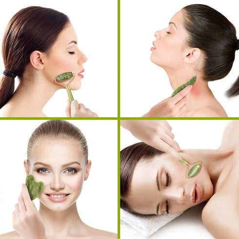 4-pcs Jade Roller & Gua Sha Set, Facial Roller Massager with Gua Sha Scraping Tool, Jade Stone Massager for Anti-aging, Slimming & Firming, Rejuve...