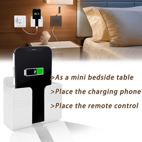 2 Pcs Wall Mount Phone Holder with 3M Adhesive Phone Stand with Data Cable Receiving Hole, Phone Charger Stand Remote Control Storage Box for Bedr...