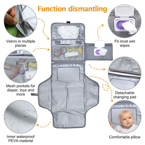 Portable Changing Pad - Detachable Travel Changing Pad with Head Pillow and Baby Wipes Pocket - Fully Padded, Extended Cushioned Portable Diaper C...