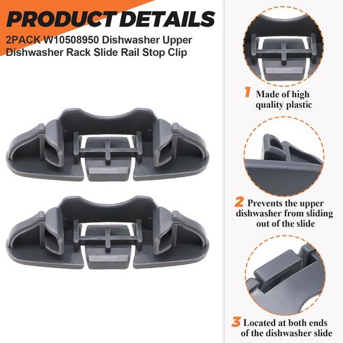 W10508950 Dishwasher Upper Dishrack Slide Rail Stop Clip by Beaquicy - Replacement for 8562015 W10199682 2684662 AP6022472 PS11755805 Whirlpool Dishwasher (Pack of 2) dark grey