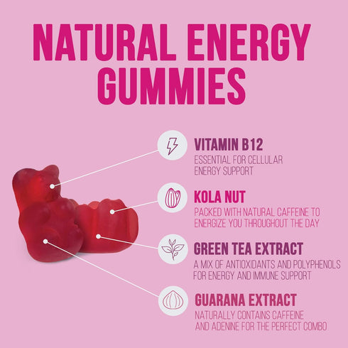 Energy Gummies Vitamin B12, Green Tea & Natural Caffeine, Extra Strength 1000 mcg Daily Energy Vitamins, Delicious Raspberry Flavor Gummy Chewable...