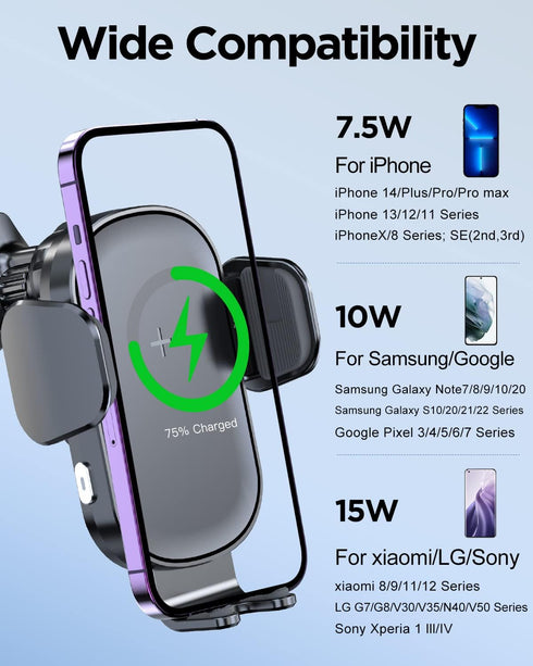 Wireless Car Charger, Lekente 15W Qi Fast Charging Car Phone Mount | Auto-Clamping Air Vent Car Cell Phone Holder for iPhone 15/14 /13/12 /11 /X/X...