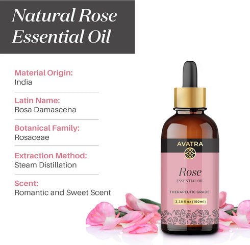 Avatra Rose Essential Oil for Diffuser, Perfume, Skin, Hair, Aromatherapy | Pure & Natural Essential Oil for Massage, Bath, Soap, Candles | Premiu...