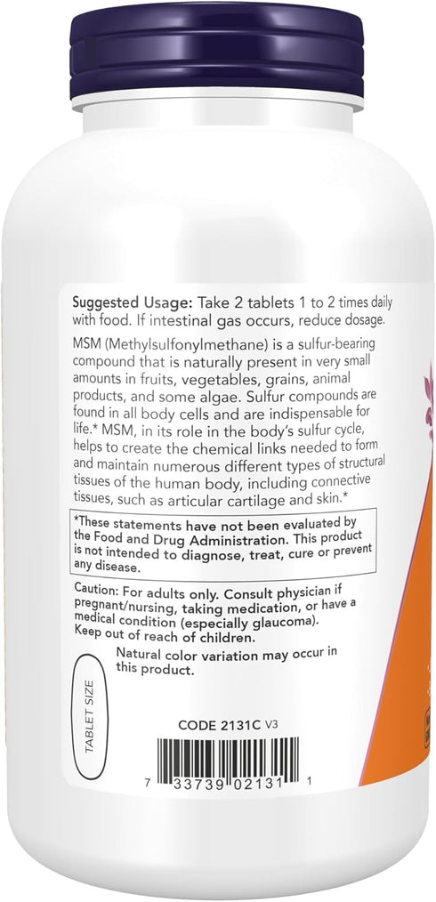 NOW Supplements, MSM (Methylsulfonylmethane) 1,500 mg, Supports Healthy Cartilage*, Joint Health*, 200 Tablets...