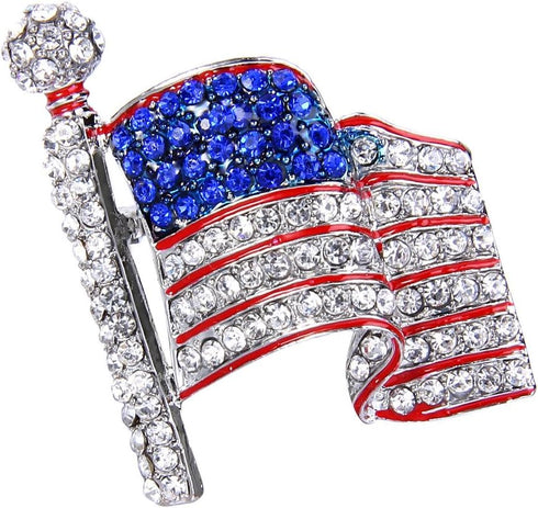 EVER FAITH Silver-Tone USA American Flag Clear w/Blue Austrian Crystals Brooch...