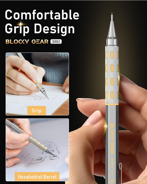 Nicpro Blocky Gear 0.9 mm Mechanical Pencils Set in Case, 3 Pack Metal Pencil 8 Tube with Lead Refills 0.9mm (HB 2B), 3 Erasers for Professional &...