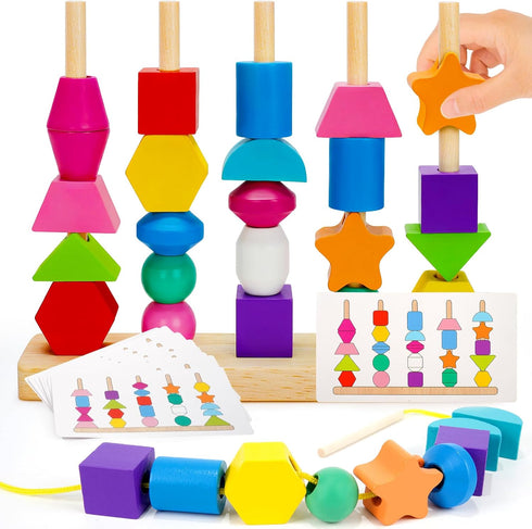 Montessori Toys for 2 3 4 Year Old Kid Boy Girl Toddler, Montessori Wooden Beads Sequencing Toy Set, Lacing Beads & Stacking Block & Matching Shap...