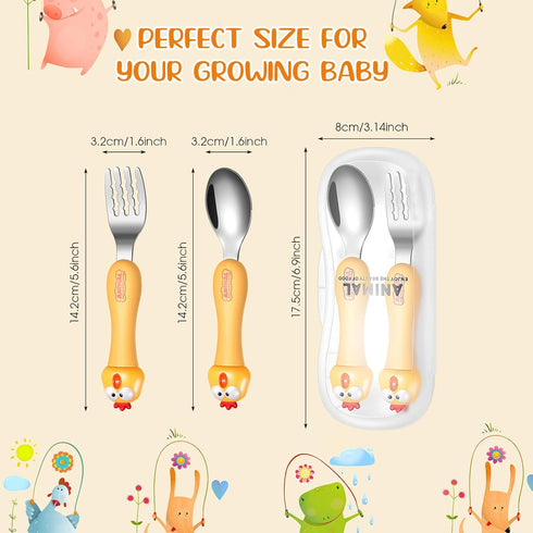 6 Pieces Toddler Utensils Baby Spoon Fork Set Toddler Flatware Set with Travel Case Baby Feeding Training Spoons Forks with Cute Cartoon Handle St...