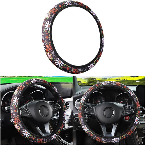Car Steering Wheel Cover, Universal 15 inch, Soft Elastic and Comfortable, Cute Flowers Steering Wheel Protector, Warm in Winter and Cool in Summe...
