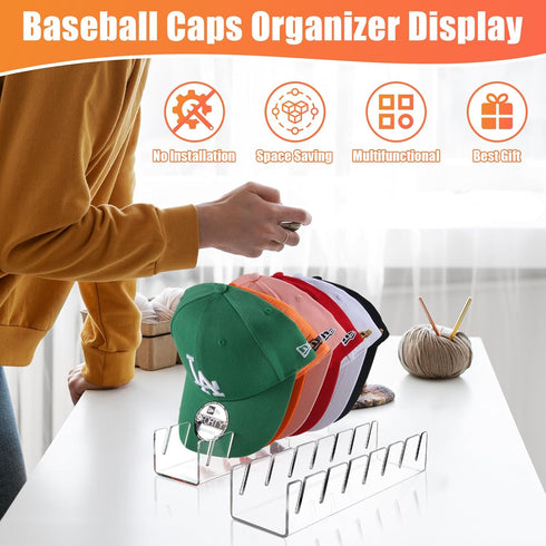 Hat Stand for Baseball Caps, 2 Pcs No Install Acrylic Hat Organizer for 14 Baseball Caps, Hat Racks for Baseball Caps Display and Organizer for Be...