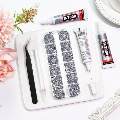 B7000 Clear Glue with 4000PCS Silver Clear Rhinestones for Crafts Clothing Fabric Shoes, Glue Fix Flatback Gems for Nails Face Jewelry, Mixed 5 Si...