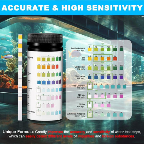 8 in 1 Aquarium Test Kit Fish Tank Test Strips Accurate Water Quality Testing Strips for Ammonia PH Total Alkalinity Carbonate Hardness Free Chlor...