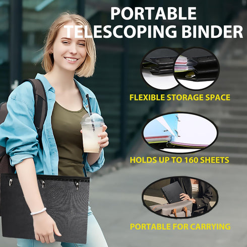 Telescoping 3 Ring Binder-Black, Flexible Binder with Elastic Rubble Spine+3 Round Rings, Flat Writing Binder...