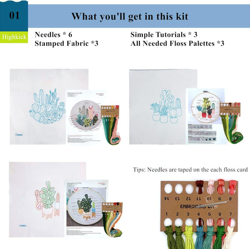 Highkick Embroidery Starter Kits for Adults Beginners with Stamped Pattern, Embroidery Floss + Needles + Hoop, Cactus Series, 3 Pack...