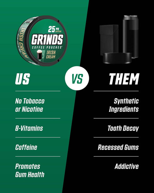 Grinds Coffee Pouches | Tobacco Free, Nicotine Free Healthy Alternative | 3 Cans of Irish Cream | 18 Pouches Per Can | 1 Pouch eq. 1/4 Cup of Coff...