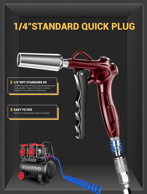 JASTIND Retro Red Air Blow Gun with Powerful Blast Air Nozzle, High Volume Air Blower Gun Kit w/4.9 Inch Steel Extension & 1/4" Quick Plug, Air Gu...