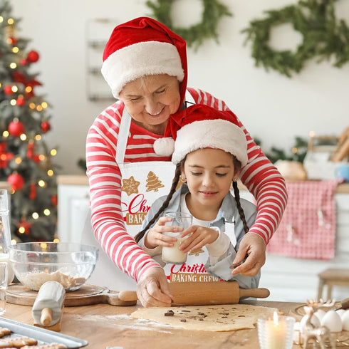 2 Pack Christmas Matching Aprons for Kids and Adults - Christmas Baking Crew - White Kitchen Aprons with 2 Pockets for Cooking Baking, Cute Custom...
